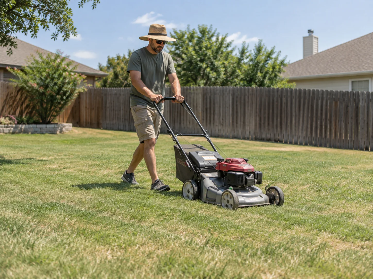 One person pushing a lawn mower across a natural grass backyard on a hot, sunny day